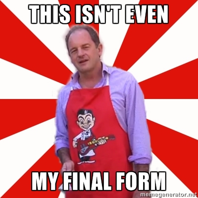 David Shearer in a BBQ apron, captioned "This isn't even my final form"